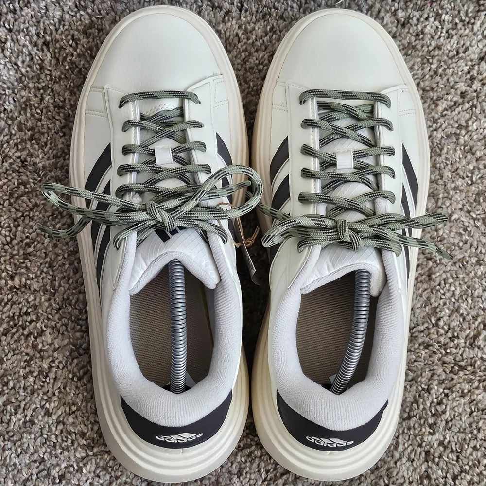 adidas Women's Cream Sneakers with Gray Stripes and Olive Laces
